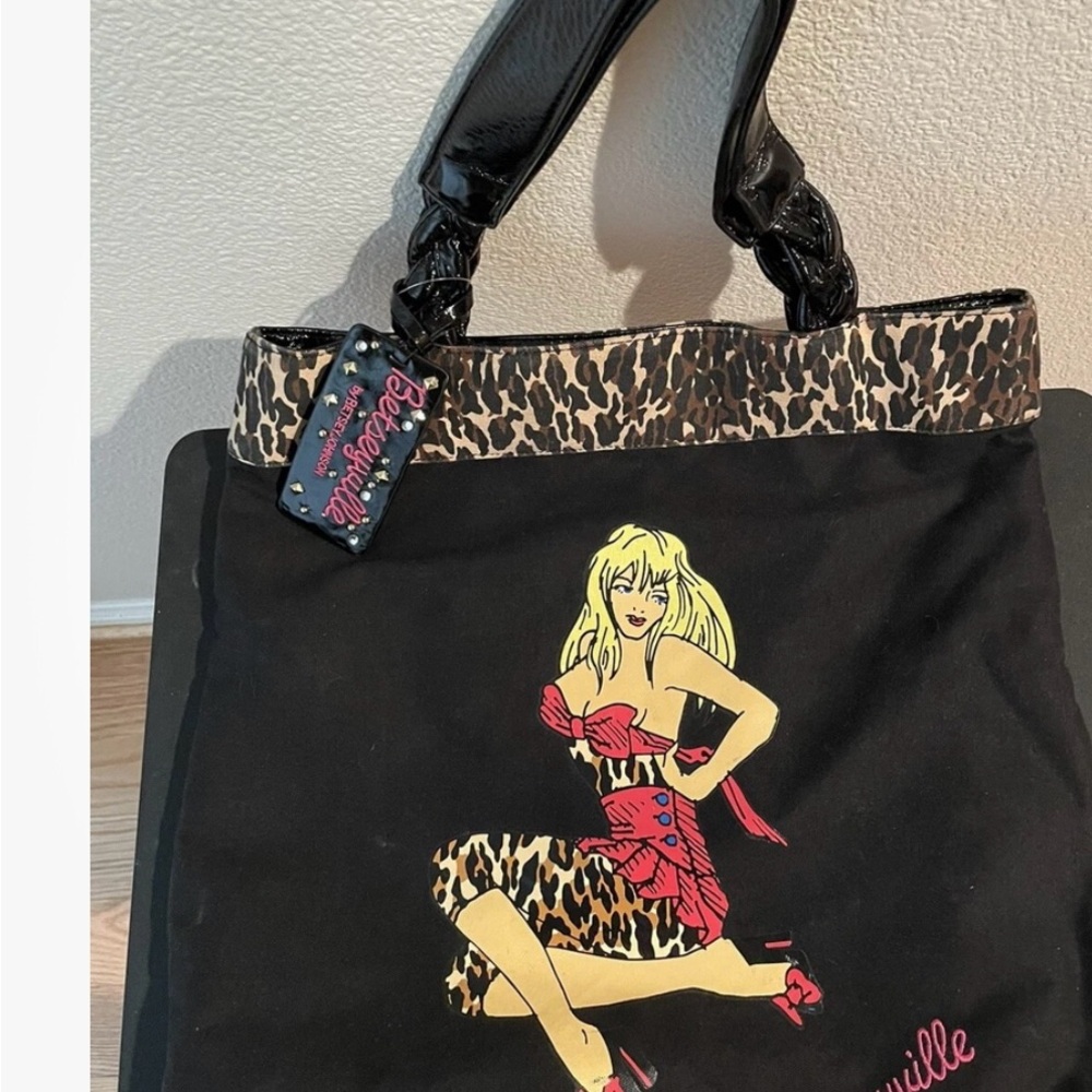 Betsey Johnson Black Tote with Leopard and Red Accents